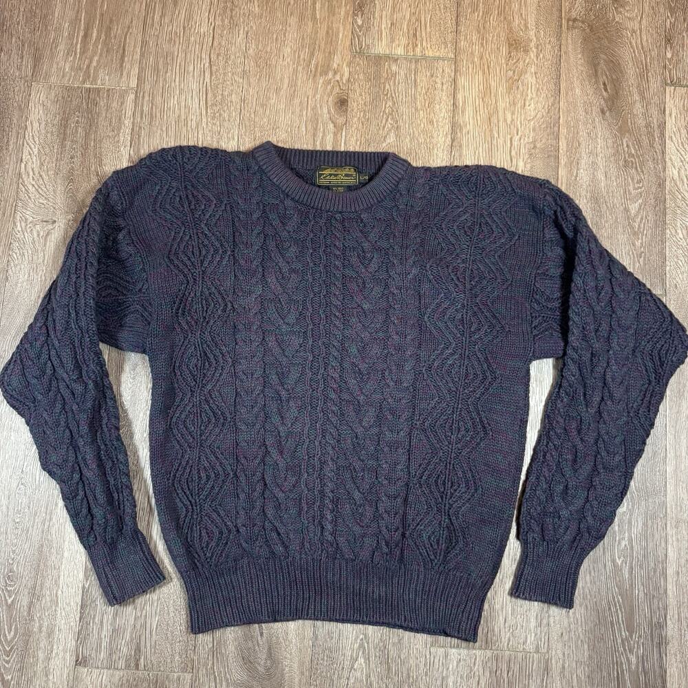 Eddie Bauer Cable Knit Sweater Men's L Cotton Irish Fisherman Marled Vintage